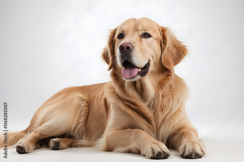 Golden Retriever dog lying down, looking to the side, on a white background. Golden Retriever dog lying down, looking to the side, on a white background.
