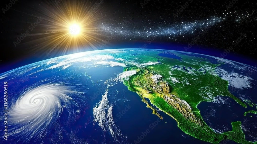 An awe-inspiring space view of Earth, focusing on Japan and South Korea with a massive hurricane swirling in orbit, under clear blue skies. The inset highlights traditional Japanese clothing against a An awe-inspiring space view of Earth, focusing on Japan and South Korea with a massive hurricane swirling in orbit, under clear blue skies. The inset highlights traditional Japanese clothing against a