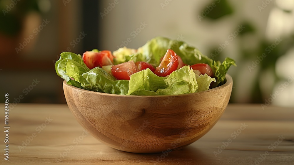 Fresh salad of lettuce and tomatoes in a wooden bowl.
