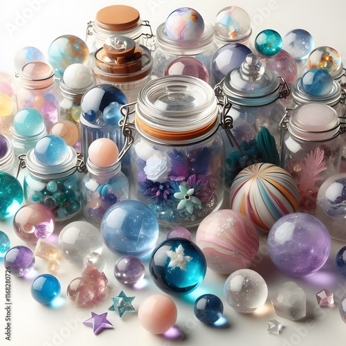 AI Generate of Assorted Crystal Ball in Jar on white background, pop of fun, playfulness