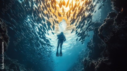 Underwater Scuba Diving Adventure: A Diver's Journey Through a School of Fish photo