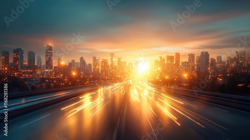 Dynamic self-driving car ai system visualization amidst urban sunset cityscape digital art evening futuristic concept