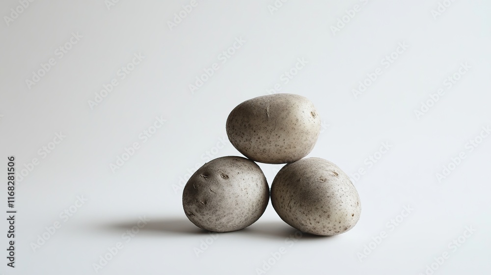 Three potatoes arranged in a triangle on a white background. Three potatoes arranged in a triangle on a white background.