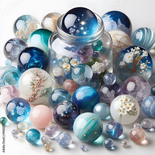 AI Generate of Assorted Crystal Ball in Jar on white background, pop of fun, playfulness