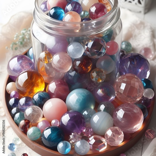 AI Generate of Assorted Crystal Ball in Jar on white background, pop of fun, playfulness
