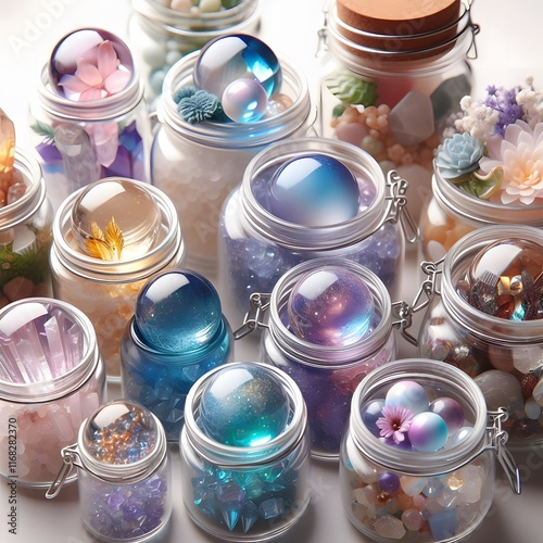 AI Generate of Assorted Crystal Ball in Jar on white background, pop of fun, playfulness