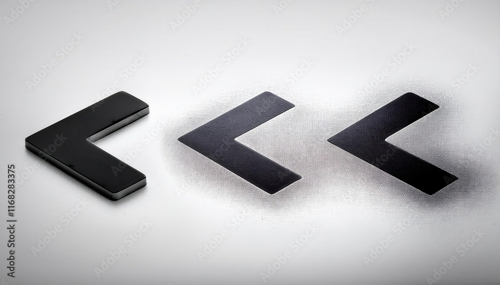 Three arrow symbols pointing left, showcasing variations in style, from solid to fragmented, illustrating concepts of direction and transformation. Three arrow symbols pointing left, showcasing variations in style, from solid to fragmented, illustrating concepts of direction and transformation.