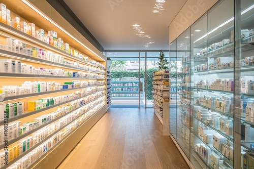Spacious and Modern Pharmacy Interior with Shelves Full of Skincare Products Illuminated by Natural Light and Elegant Design Elements