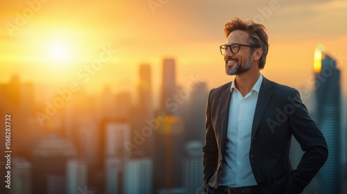 Inspiring sunrise business outlook a successful asian leader on rooftop urban cityscape professional portrait sunset ambiance empowering vision