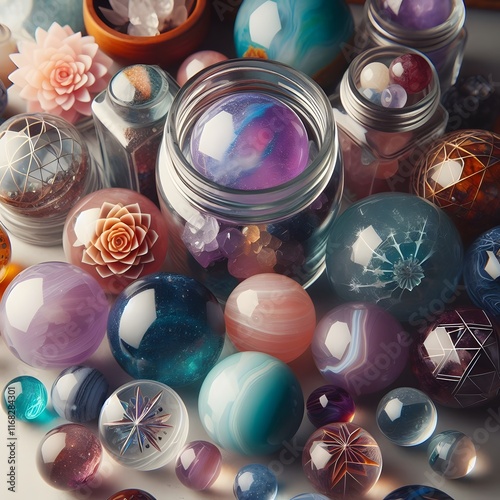 AI Generate of Assorted Crystal Ball in Jar on white background, pop of fun, playfulness