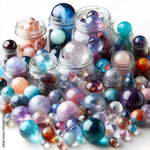AI Generate of Assorted Crystal Ball in Jar on white background, pop of fun, playfulness