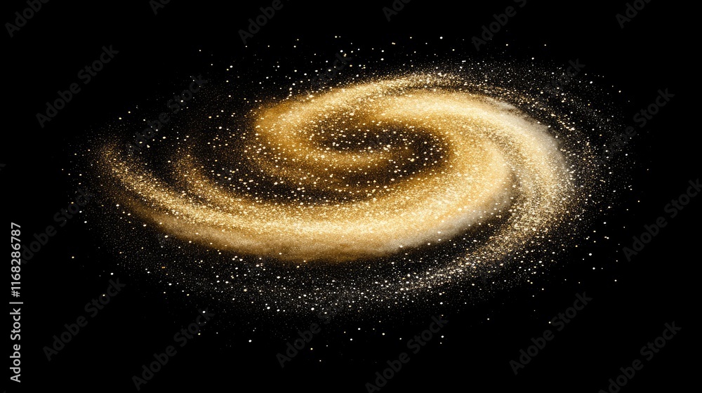 Fototapeta premium Abstract gold and silver glittering particles forming a radiant swirl on a dark background. Festive and luxurious.