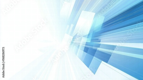 Abstract blue and white background with dynamic lines and shapes conveying motion and depth.
