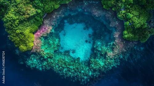 Top-down shot of a coral atoll with vibrant marine life below 