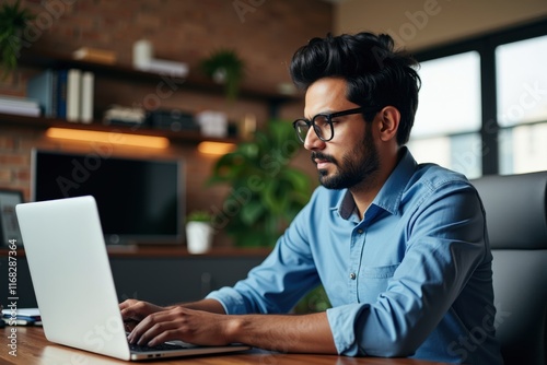 Focused young man working on laptop in cozy home office, ideal for remote work,ancing, or studying. photo