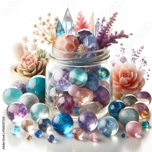 AI Generate of Assorted Crystal Ball in Jar on white background, pop of fun, playfulness