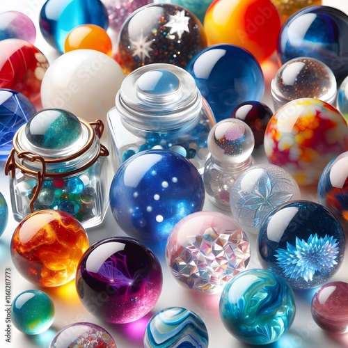 AI Generate of Assorted Crystal Ball in Jar on white background, pop of fun, playfulness