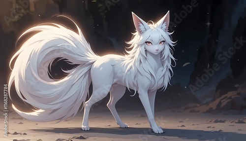 Majestic White Fox Spirit Long Hair Dark Cave Background photo