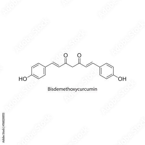 Bisdemethoxycurcumin skeletal structure diagram.Curcuminoid compound molecule scientific illustration.