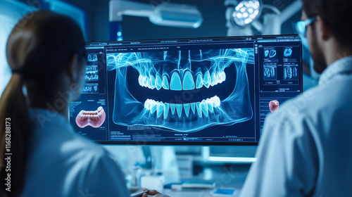 Dentist analyses a tooth X-ray holographic film. The concept of dental care, diagnostics, and precision in oral health treatment with modern technology. Generative AI.