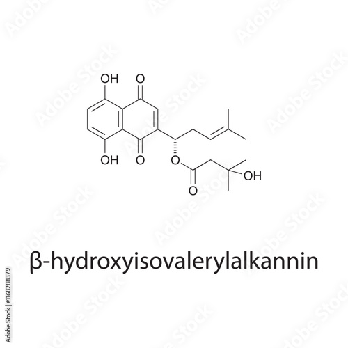 β-hydroxyisovalerylalkannin skeletal structure diagram.Naphthoquinone compound molecule scientific illustration.