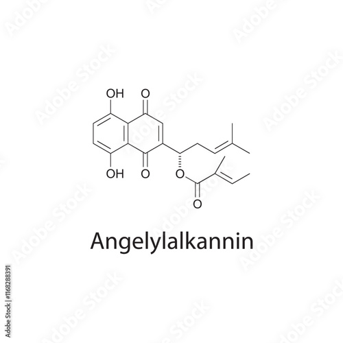 Angelylalkannin skeletal structure diagram.Naphthoquinone compound molecule scientific illustration.