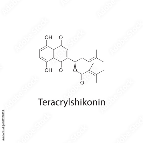 Teracrylshikonin skeletal structure diagram.Naphthoquinone compound molecule scientific illustration.