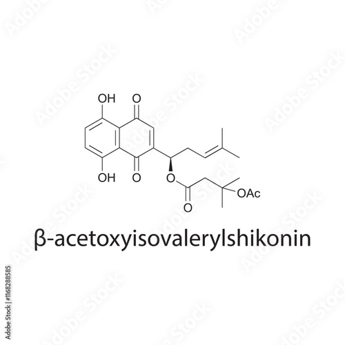 β-acetoxyisovalerylshikonin skeletal structure diagram.Naphthoquinone compound molecule scientific illustration.