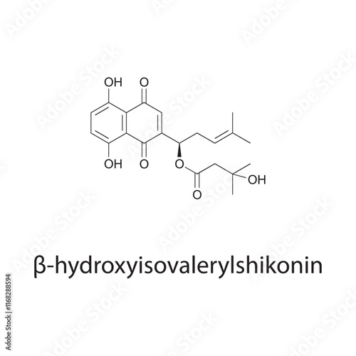 β-hydroxyisovalerylshikonin skeletal structure diagram.Naphthoquinone compound molecule scientific illustration.