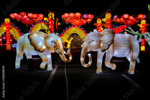 Canvas Print Two vibrant elephant lanterns illuminate the surrounding darkness beautifully