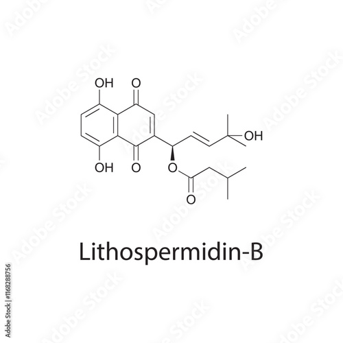 Lithospermidin-B skeletal structure diagram.Naphthoquinone compound molecule scientific illustration.