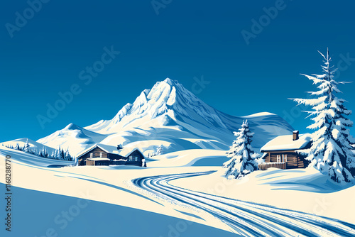 Verschneite Berghütten in einer alpinen Winterlandschaft mit strahlend blauem Himmel
 photo