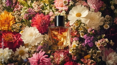 Product close-up of a perfume bottle surrounded by fresh flowers for a luxury fragrance ad