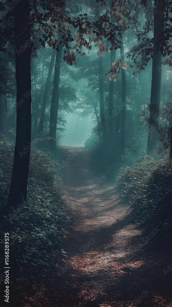 A forest path in the fog winding between dense trees, thick fog hiding the path ahead A forest path in the fog winding between dense trees, thick fog hiding the path ahead