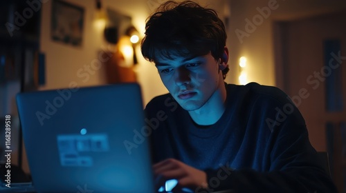 Young man browsing on a laptop with an online shopping page for an e-commerce platform ad photo