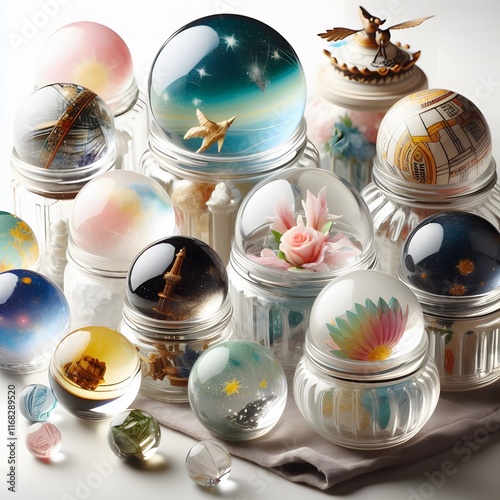 AI Generate of Assorted Crystal Ball in Jar on white background, pop of fun, playfulness