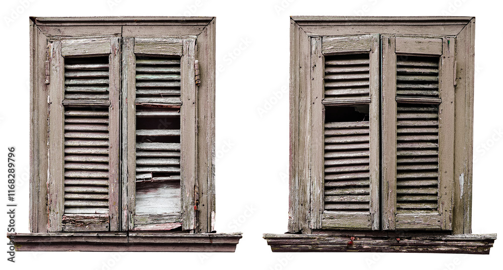 Fototapeta premium old weathered closed wooden windows collection isolated on white background