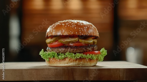 Delicious burger with fresh ingredients on a wooden board for a fast food restaurant ad photo