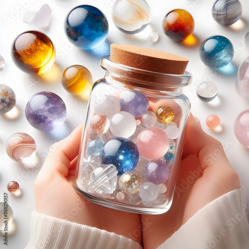 AI Generate of Assorted Crystal Ball in Jar on white background, pop of fun, playfulness