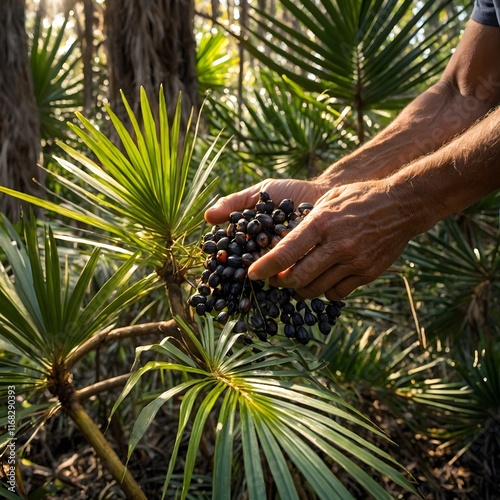 Harvesting Ripe Saw Palmetto Berries: Hand-Picking in the Soft Sunlight of the Wild