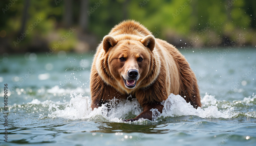 Powerful grizzly bear splashing through water in a lush forest environment
Powerful grizzly bear splashing through water in a lush forest environment