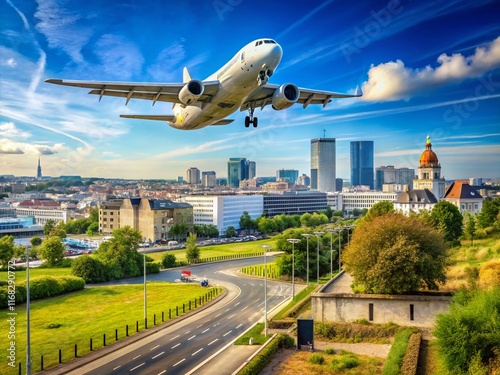 Airplane Flying Over Nantes Airport Sign, France - Scenic Landscape photo