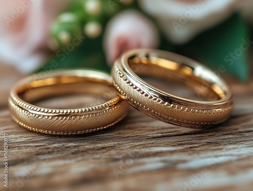 Elegant Gold Wedding Rings: Detailed Texture and Romantic Ambiance photo