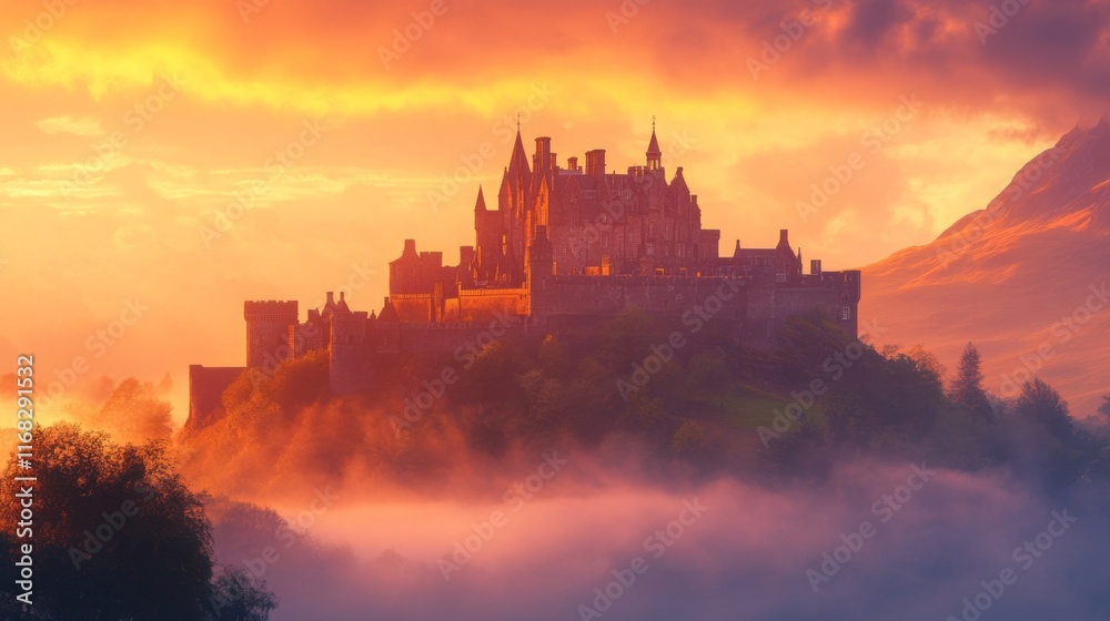 Obraz premium A majestic castle rises above the fog amidst a beautiful sunset. Its silhouette evokes a sense of mystery and wonder. Perfect for fantasy themes or historical settings. Generative AI