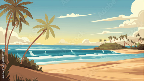   Tropical Beach Scene with Palm Trees and Ocean Waves Illustration vector illustration