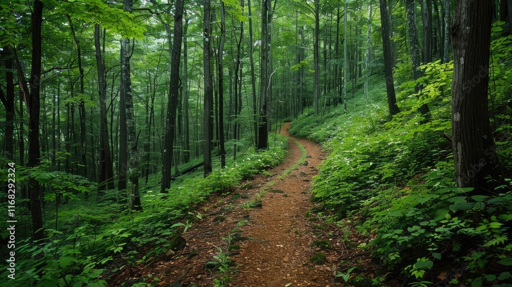 Fototapeta premium A peaceful forest with a dense canopy of green leaves and a winding hiking trail