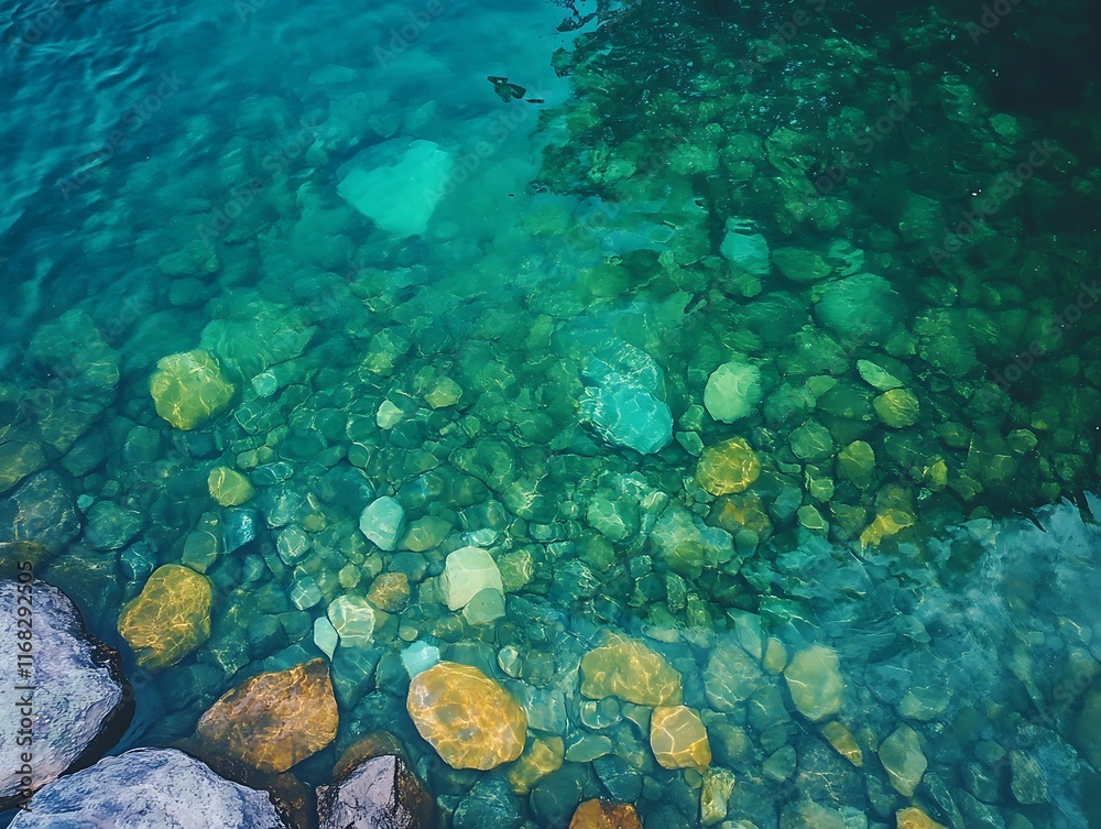Fototapeta premium Top-down perspective of a crystal-clear alpine lake with visible rocks 