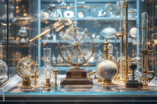 A collection of antique scientific instruments, including orreries, globes, and telescopes, displayed in a glass case.