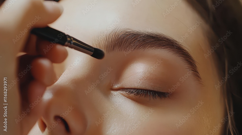 Professional makeup artist applying makeup to a client in a salon for a beauty service ad