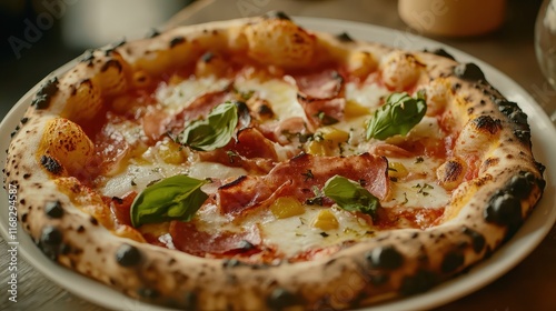 Close-up of a delicious pizza with fresh ingredients for a pizza restaurant ad photo